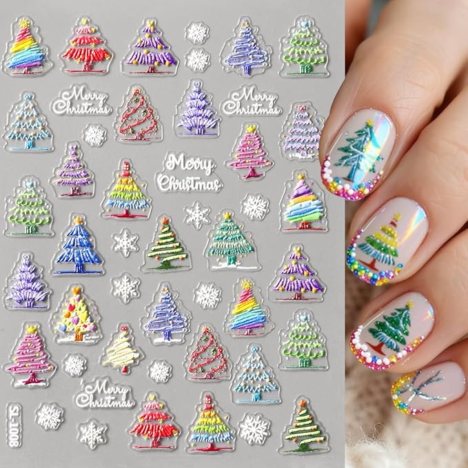Christmas Nail Stickers 5D Embossed Christmas Lights Tree Nail Art Stickers Xmas Snowflake Nail Decals Self-Adhesive Penguin Design Sticker Holiday Nail Decoration for Women Manicure Accessories 4Pcs