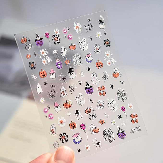 5D Halloween Nail Stickers for Nail Art,Ghost Pumpkin Halloween Nail Art Stickers 1PCS Flower Ghosts Spider Web Star 5D Embossed Holiday Nail Decals Manicure Accessories for Women DIY Decorations