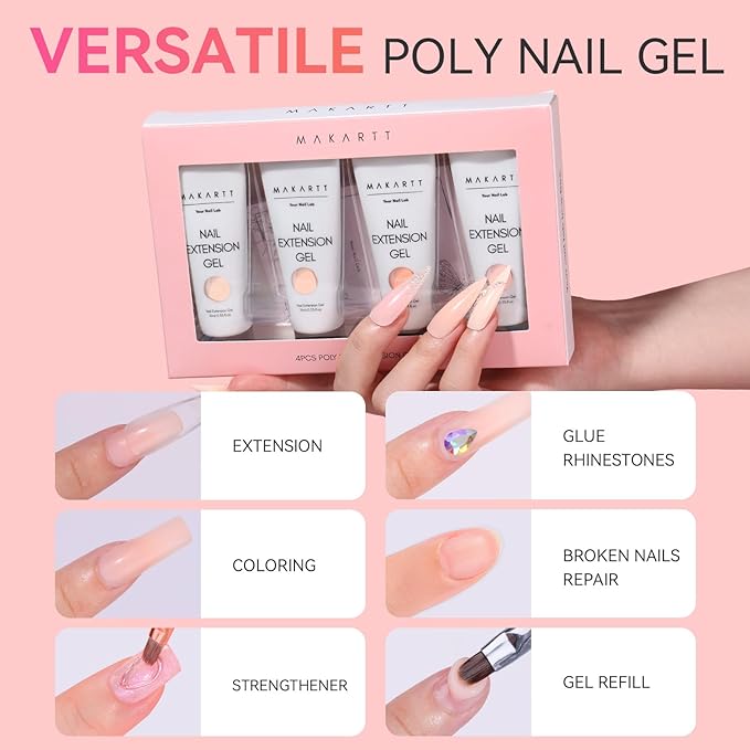 Makartt Poly Nail Gel Set: 4 Nude Pink 15ML, Strong Builder for Extension Strengthener, Long Lasting, Neutral Classic Colors French Manicure Kit Salon Supplies At Home