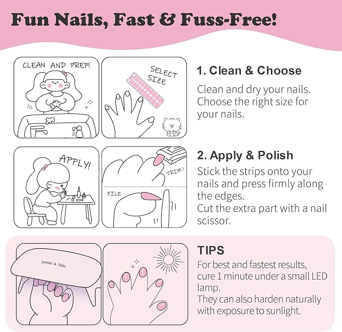 DANNI & TONI Kids Gel Nail Strips Christmas Tree Snowman Snowflake Red Cat Eye Salon-Quality Peel & Stick Manicure for Children (Age 6+)– Safe, Long-Lasting, Easy to Apply | Jingle & Glow