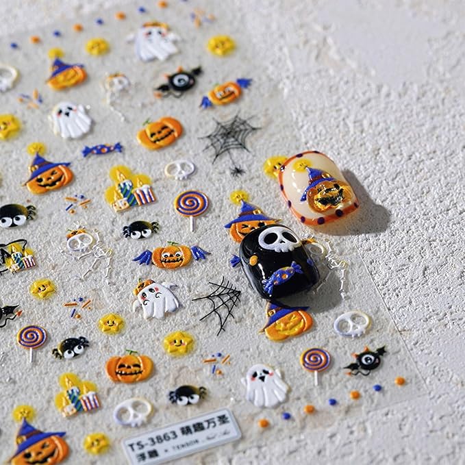 Halloween Nail Stickers Pumpkin Nail Decals Ghost Spider Design Manicure Art 5D Embossed Nails Decorations Holiday Self Adhesive Nails Supplies for Women