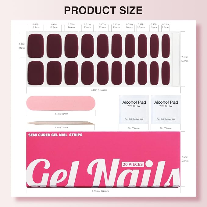 Semi Cured Gel Nail Strips, 20 PCS Gel Nail Stickers Work with UV Light, Salon Quality & Easy to Use - Dark Night Purple