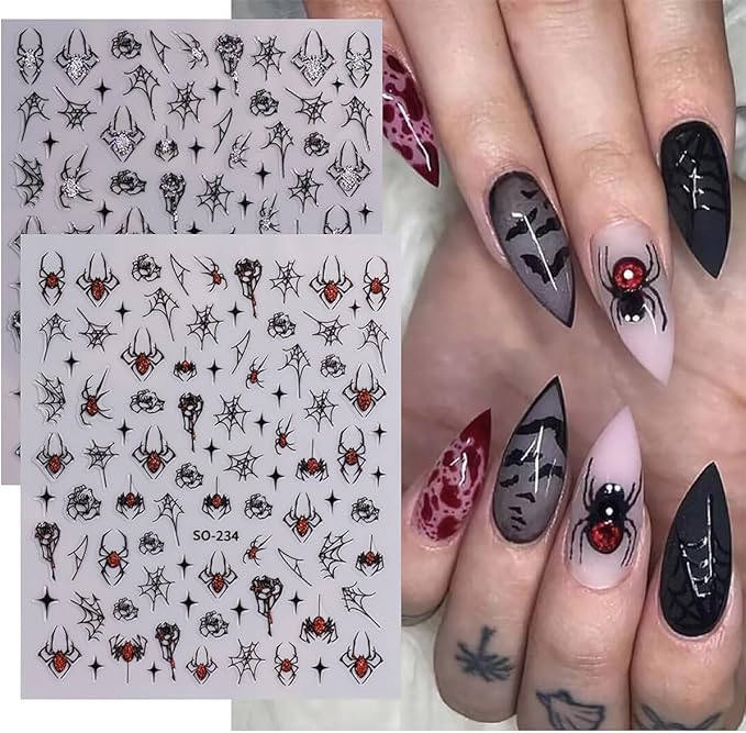 8 Sheets Strawberry Spider Halloween Nail Stickers - 3D Self-Adhesive Decals for Nail Art Design - Red, Black, Silver French Nail Art Supplies for Women