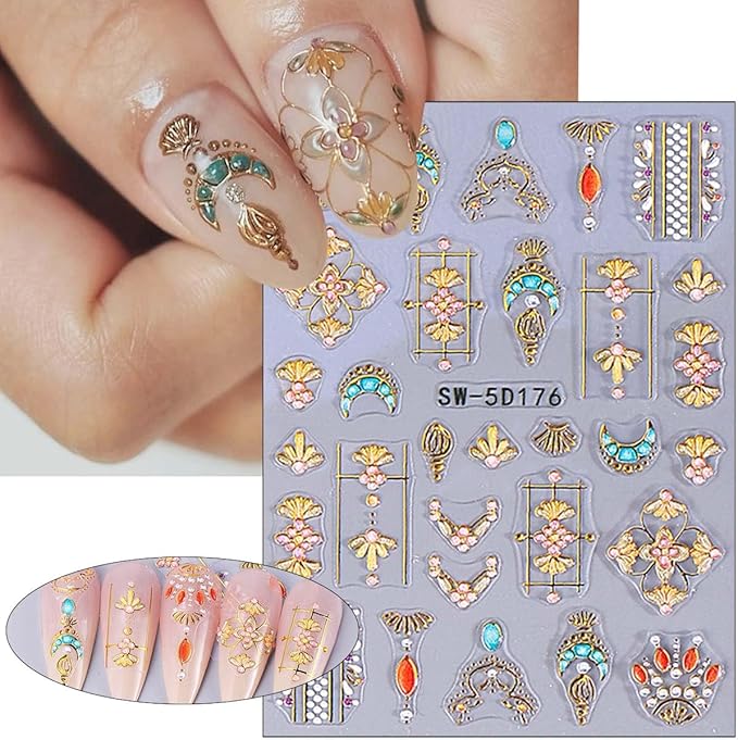 2 Sheets Embossed Sun Star Nail Stickers Bohemian Style Gold Nail Decals Sun Moon Nails Art Stickers Bohemia Luxury Gem Metallic Nail Design Stars Sticker for Manicure Decoration Supplies Tips