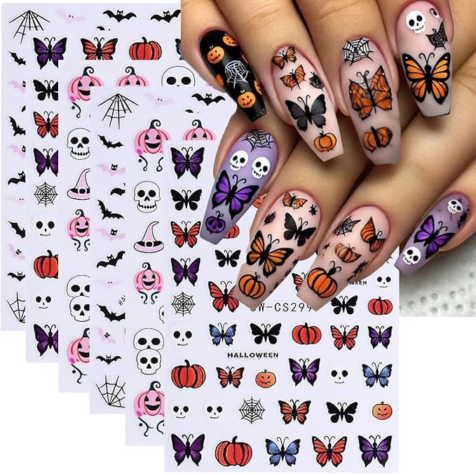 Halloween Nail Art Stickers Decals Skull Bat 3D Self-Adhesive Nail Decals Nail Art Supplies 6PCS Spider Web Butterfly Pumpkin Halloween Nails Design Manicure Sliders for Women DIY Nail Decorations