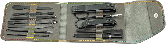 Nail Clipper Set, 12PCS Manicure Set Fingernail Clippers Kit Black Stainless Steel Pedicure and Manicure Kit with Grey PU Leather Case
