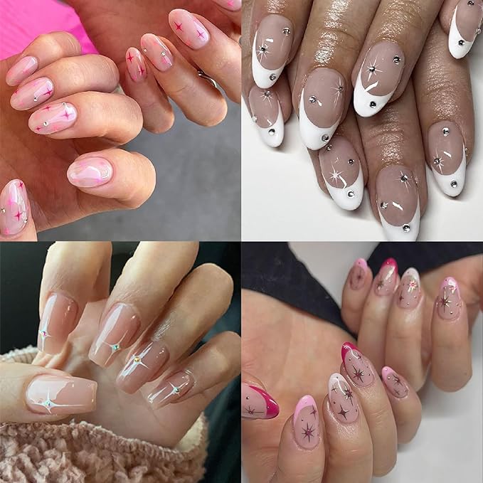 5D Self-Adhesive Glitter Diamond Star Nail Stickers Crystal Nail Art Sticker Silver Pink Sparkle Star Nail Decals with Shiny Rhinestone Luxury Nail Design Supplies for Women DIY Nail Decorations