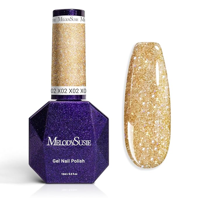 MelodySusie Galaliver Glitter Gel Nail Polish, 15ML Sparkly Shimmer Gel Polish Soak Off UV LED Cured Long Lasting Gift for Women DIY Nail Design Nail Art Manicure Noble Gold X02