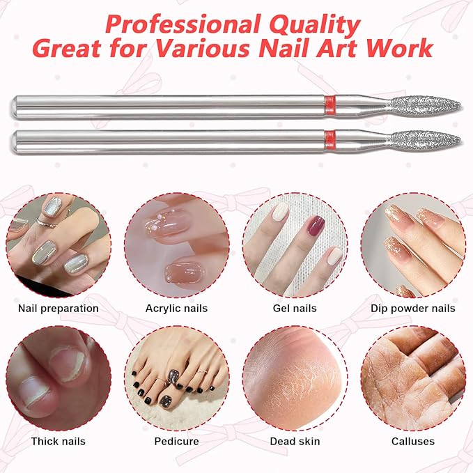 10pcs Diamond Flame Cuticle Drill Bits Set for Dead Skin 3/32'' Nails, Professional Safety Under Nail Cleaner Burr for Cuticle Dead Skin, Dry Manicure Pedicure Shape Remove Nail Salon Toolsv