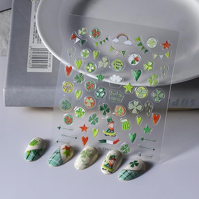 St. Patrick's Day Nail Art Stickers Green Shamrock Nail Stickers 5D Embossed Nail Decals Self-Adhesive Nails Design Green Nail Art Supplies Manicure Sliders St. Patrick's Sticker for Nails Decoration