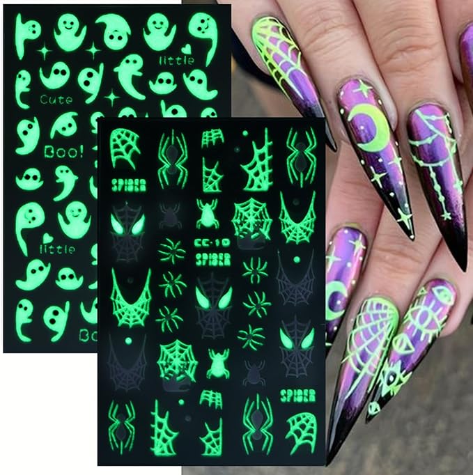 5 Sheets Halloween Nails Stickers French Tip Spider Web Nails Art Stickers 3D Self-Adhesive Supplies Nail Decal with Luminous Ghost Skeleton Design Nail Sticker for Nail Art Women's DIY Decoration
