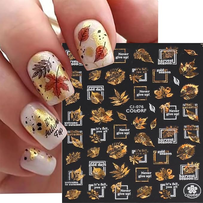 9Pcs Fall Nail Art Stickers Glitter Maple Leaf Nails Decals 3D Bronzing Ginkgo Squirrel Butterfly Flower Nails Design Sticker Autumn Thanksgiving Gold Nail Stickers Supplies for Women Manicure Decor