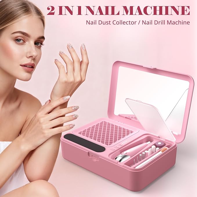 Nail Dust Collector and Cordless Electric Nail Drill File Kit, Professional Portable Manicure Pedicure, 13 Bits, HPro Powerful Dust Suction Machine for Home Salon - Pink