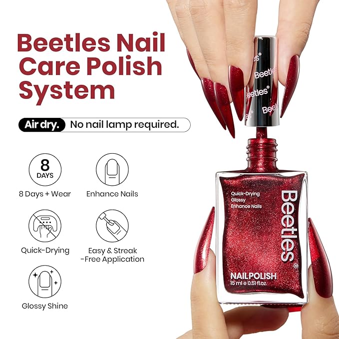 Beetles Nail Polish Red Glitter 1Pcs 15ml Ruby Radiance Fast Drying & Long Lasting Nail Polish Shimmer Red Color Art Effect for Christmas Nail Salon DIY Manicure