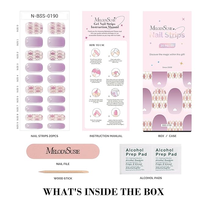MelodySusie Semi Cured Gel Nail Strips, 20 PCS Gel Nail Stickers, Gel Nail Wraps, UV Light Required, Durable and Salon Quality (Purple Argyle Check)