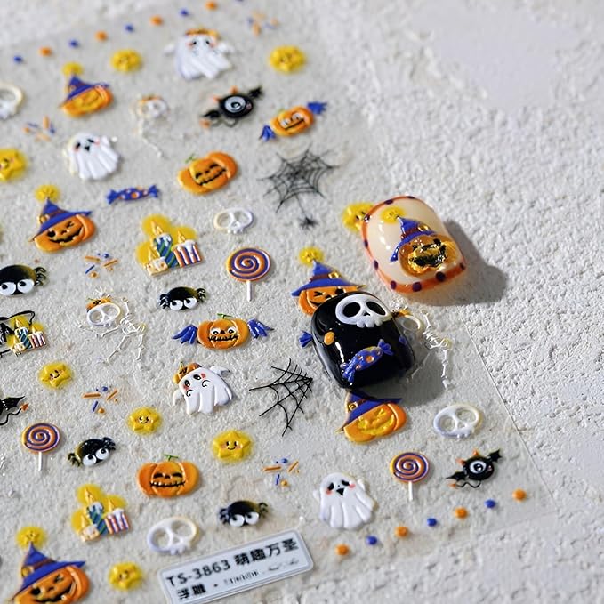 Halloween Nail Stickers for Nail Art Cute Ghost Design 5D Embossed Nail Decals Pumpkin Skull Spider Web Nail Art Stickers Halloween Nail Supplies DIY Manicure for Women Girls