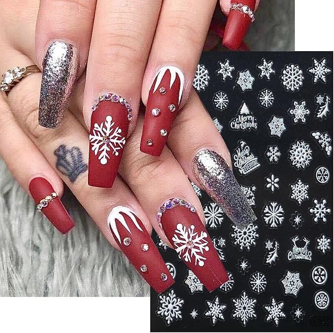 4Sheets Self-Adhesive White Snowflake Nail Art Stickers 3D Embossed Christmas Nail Decals Snowflakes Nail Stickers with Shell Light Design Nail Decal White Bow Star Nail Sticker for Women Nails Decor