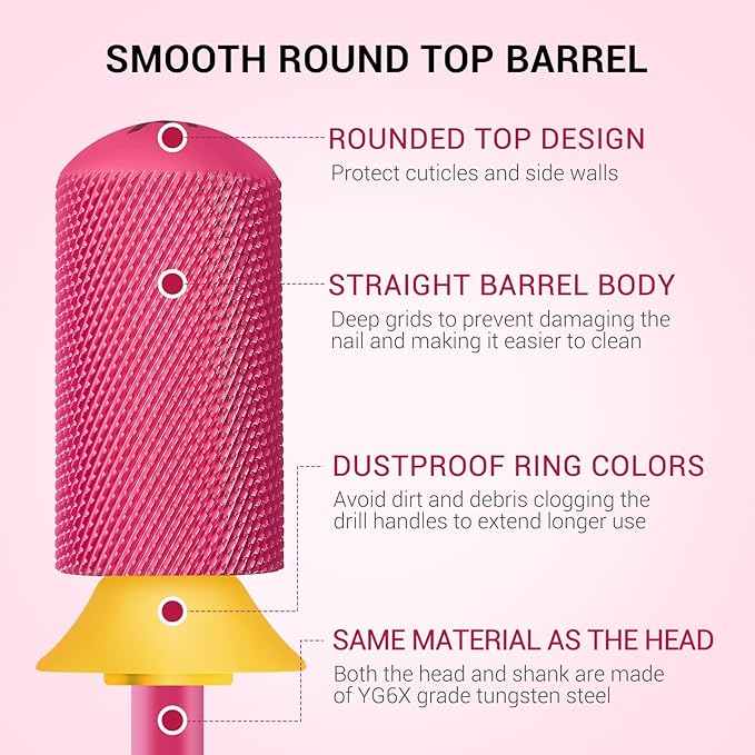 MelodySusie Safety Nail Drill Bits, 3/32'' Smooth Round Top Large Barrel Carbide Bits, Suitable for Manicure Pedicure Cuticle Gel Polishing, Beginners Bits, Pink Blossom, Series Bit-S, XF