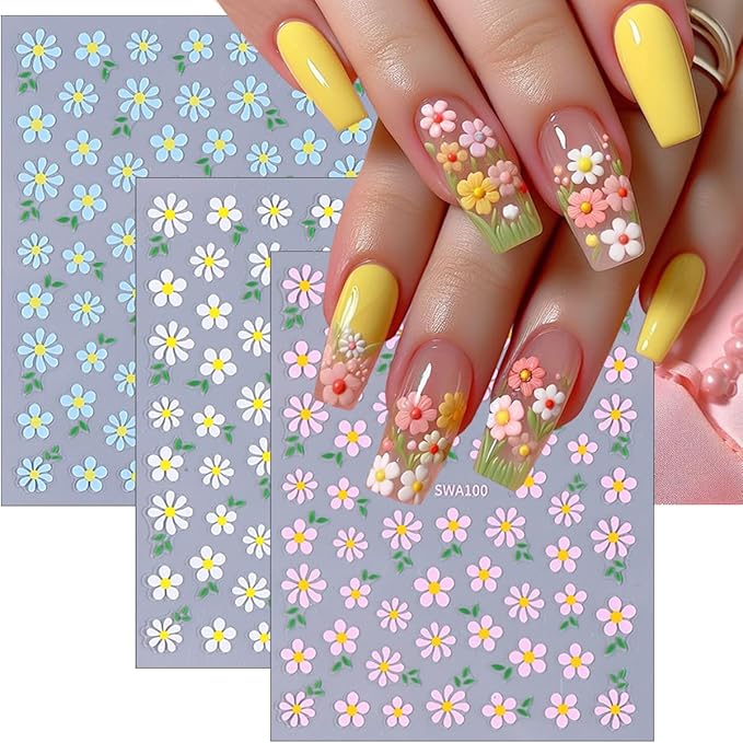 6Sheets Colorful Flower Nail Art Stickers 3D Floral Nail Decals Spring Wildflower Daisy Nails Design Stickers White Blue Pink Flower Sticker Cute Nails Supplies Decoration for Women Girls Manicure