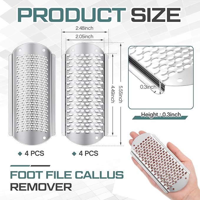 Moxweyeni 8 Pcs Foot File Callus Remover Replacement Blades Metal File Callus Remover Shaver Blades Hard Skin Remove Stainless Steel 2 Designs Big/fine Hole for Detachable Foot Scrubber
