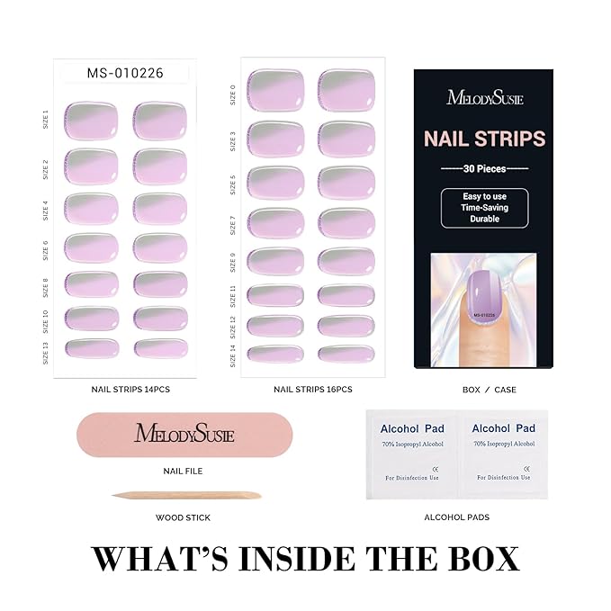 MelodySusie 30PCS Semi Cured Gel Nail Strips (Purple Chrome), Works with Nail lamp, Salon Quality, Long Lasting, Easy to Apply and Remove, Includes 2 Prep Pads, Nail File and Wooden Stick