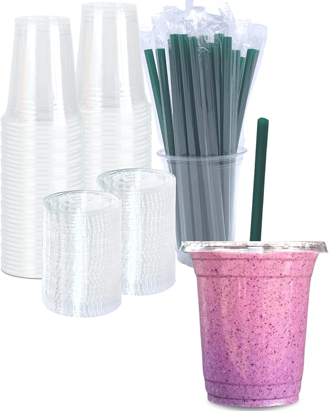 12 oz Clear Plastic Cups with Lids and STRAWS, Disposable Drinking Cups by Cappatua
