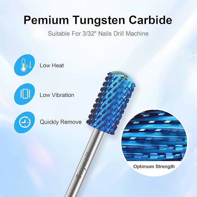 3/32" Large Barrel Smooth Round Top Tungsten Carbide Nail Drill Bit Safety Bit for Gel & Acrylic Removal, 2-Way Rotating Efile Tip, Salon Electric File Accessory (XC Grit, Blue)
