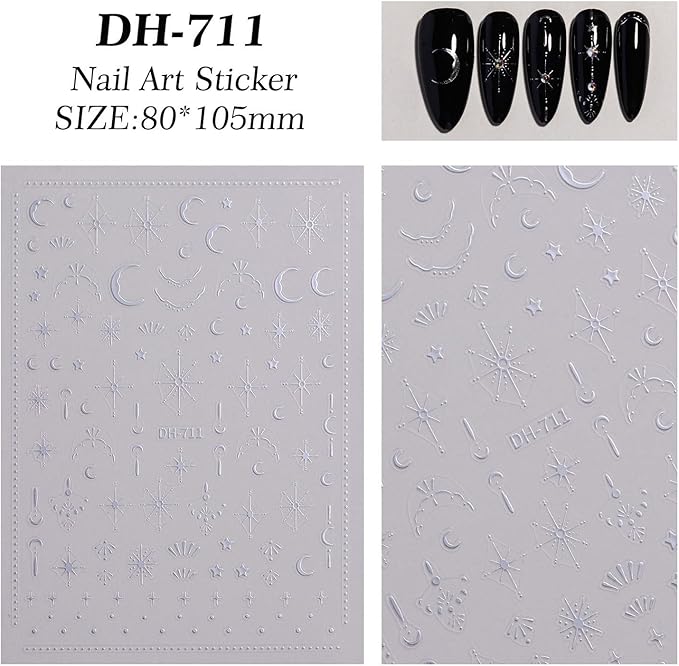 2 Sheets 3D Nail Stickers Star Moon Nail Art Decals Gold Silvery Nails Supplies Self-Adhesive Manicure Supplies for Women