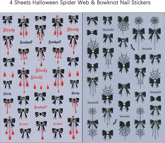 4 Sheets Halloween Nail Art Stickers Black Bow Spider Web Y2K Nail Decals 3D Self-Adhesive Bloody Drop Bowknot Nails Stickers Gothic Halloween Nails Decorations for Women Holiday DIY Manicure Supplies