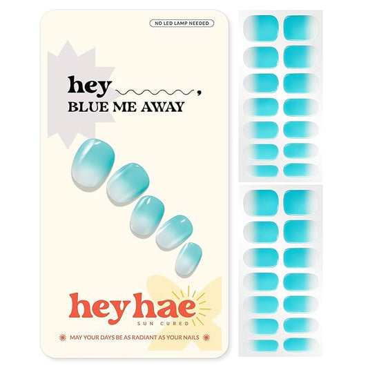 Heyhae Semi Cured Gel Nail Strips | No LED Lamp Needed | Ombre, Blue, Spring | Easy Apply & Remove, Salon Quality | Includes 28 Strips, 1 Prep Pads, Nail File & Wooden stick - Hey, Blue Me Away