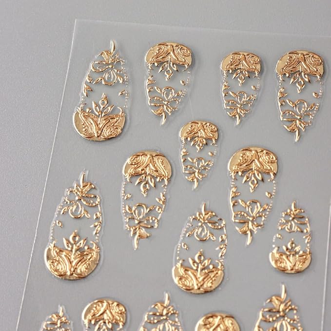 4 Sheets Gold Flower Nail Art Stickers, 5D Embossed Acrylic Decals French Carving Floral Heart Tree Self-Adhesive Nail Art Supplies for Women Girls Designs DIY Manicure Decoration