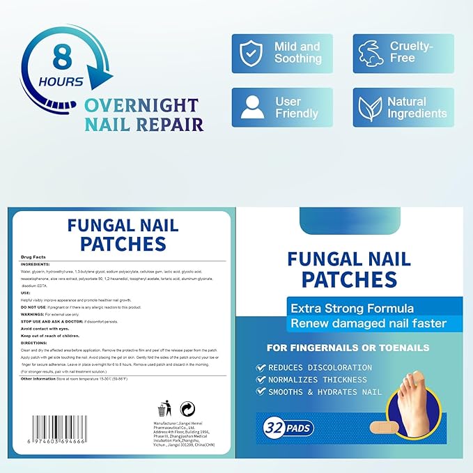 Fungal Nail Patches - 32 PCS, Toenail Fungus Treatment Extra Strength for Thick, Brittle and Discolored Toenail, Nighttime Care with Natural Ingredients, Nude-Colored Patches (Blue)
