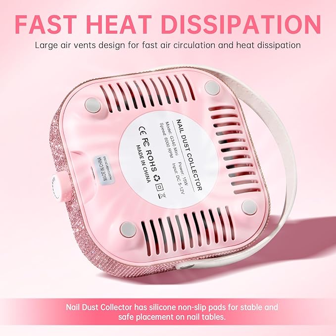Nail Dust Collector, Bling Crystal Diamond Compact 6000RPM Powerful Vacuum Fan Vent Dust Collector Extractor Dust Suction Machine for Acrylic Nails Polishing, Fast Charging