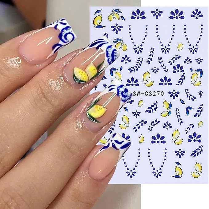 6 Sheets Autumn Fruit Nail Decals for Nail Art 3D Self-Adhesive Orange Lemon Nail Art Stickers Bohemian Style French Tip Nail Stickers Fall Flower Nail Supplies for Women Acrylic Nails Decoration