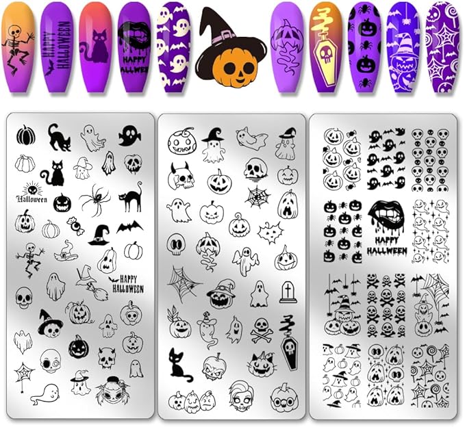 PH PandaHall Halloween Theme Nail Art Plates 3pcs Skull Ghost Witch Pumpkin Nail Stamping Plate Image Plate Art Design Stamp Templates for DIY Print Manicures Salon Design
