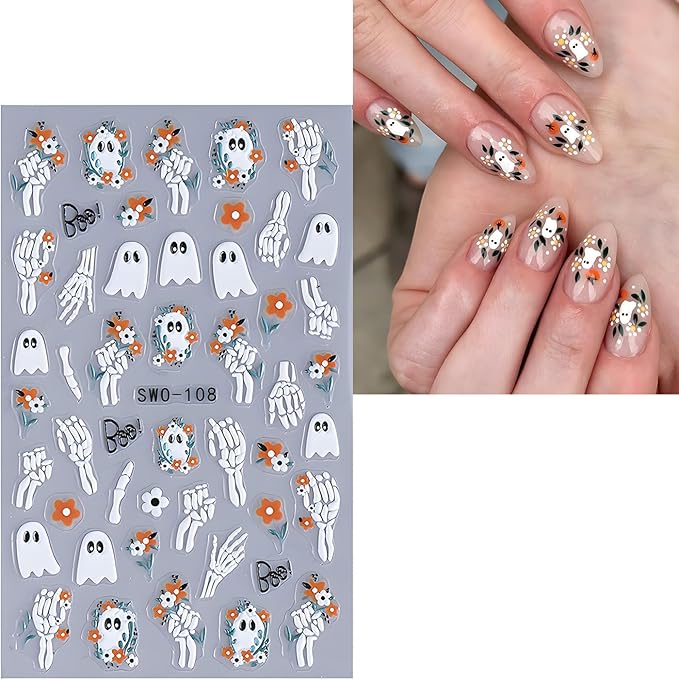 Halloween Nail Art Stickers, Cute Ghost Nail Art Decals 3D Self-Adhesive Skull Pumpkin Black Cat Flower Nail Design 4Pcs Halloween Nail Art Supplies for Women Nail Decoration