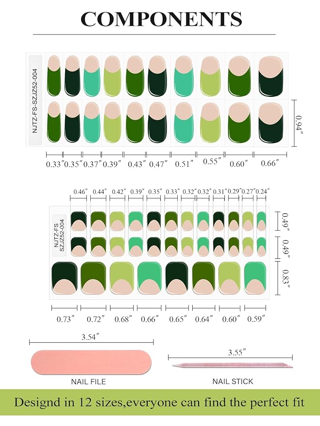 EBANKU 52Pcs Semi-Cured Gel Nail Strips Toes, Green Deep French Gel Nail Strips for Toes, Long-Lasting French Manicure Stickers Salon Nails at Home Requires UV Light with Nail File&Stick