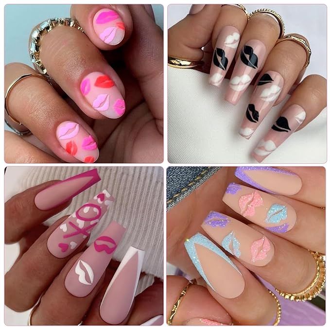 Valentine's Day Nail Art Stickers - Sexy Lip Nail Decals, Self-Adhesive 6 Color Black White Red Pink Kiss Heart for DIY 3D Nail Supplies Decoration (6 Sheets)