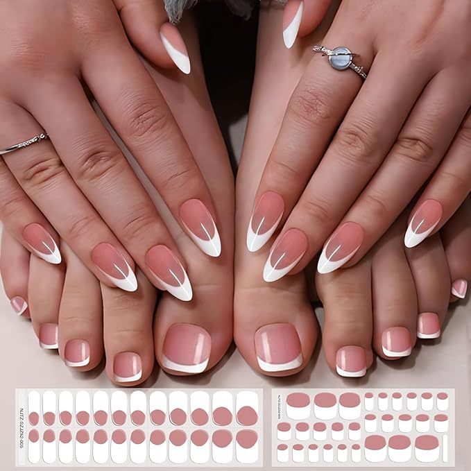 EBANKU 52Pcs Semi-Cured Gel Strips for Toes, Real Polish Sticker, Long-Lasting French Manicure Stickers, Salon Nails at Home, Requires UV Light With Nail File & Stick