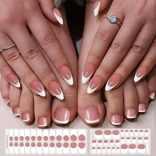 EBANKU 52Pcs Semi-Cured Gel Strips for Toes, Real Polish Sticker, Long-Lasting French Manicure Stickers, Salon Nails at Home, Requires UV Light With Nail File & Stick