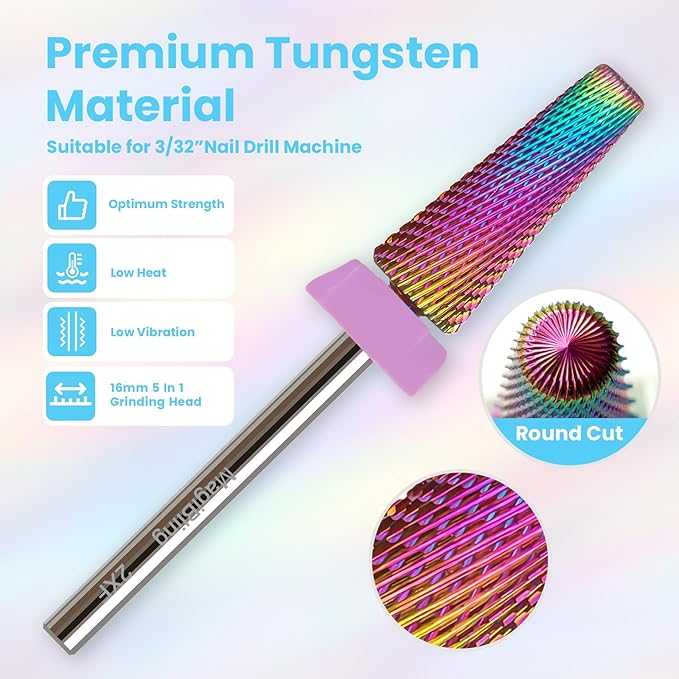 2xf 5 in 1 Nail Drill Bits, 16mm Tapered 3/32'' Professional Tungsten Carbide Bits for Efile, 2 Rotation for Electric Drill, Remove Thin Gel, Manicure Cuticle Gel Polishing, Techs Bits, Double Fine
