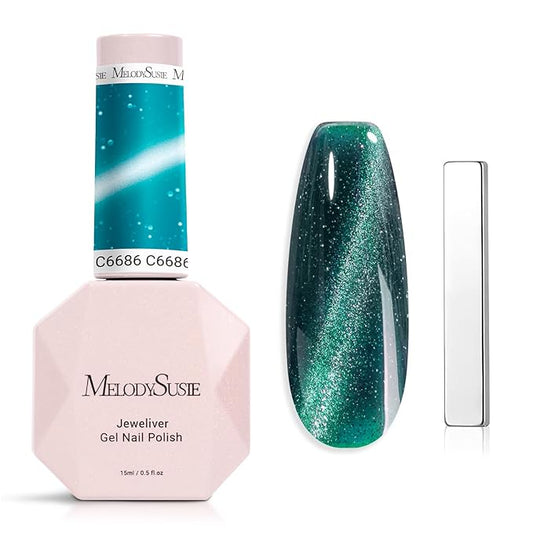 MelodySusie Jeweliver Cat Eye Gel Nail Polish, 0.5 Fl Oz Green Glitter Holographic Magnetic Nail Polish with Magnet, UV Nail Polish for Nail Art Manicure Salon DIY at Home C6686