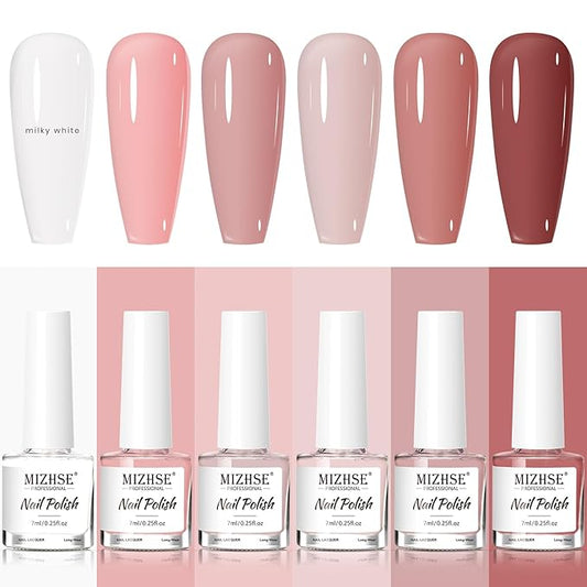 MIZHSE Nail Polish Set: 6 Classic Nude Colors Collection Milky White Nude Pink, Quick Dry Nail Lacquer Fingernail Manicure DIY Nail Art Salon, Ideal Gift for Women
