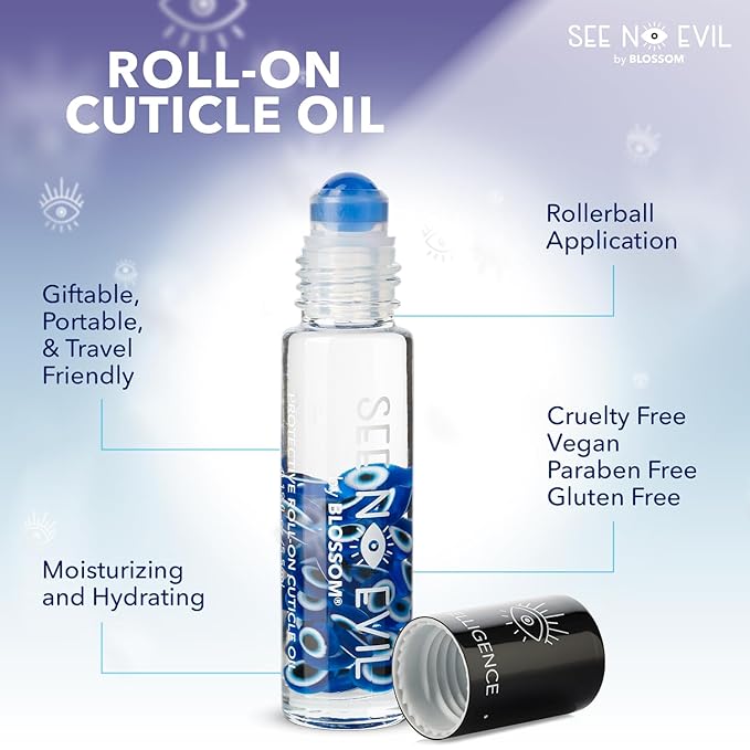 Blossom Cuticle Oil, See No Evil Scented Roll on Cuticle Oil for Nails, Rollerball Application for Nail Support, Cruelty Free, 0.19oz, Intelligence Jasmine
