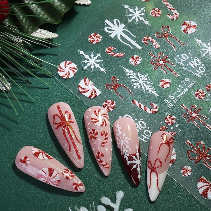 Christmas Nail Art Stickers Glitter Snowflake Candy Self-Adhesive Xmas Nail Decals Nail Art Supplies 6PCS Red Gold Glitter Xmas Tree Bow French Tip HOHO Design Christmas Stickers for Nails Decoration