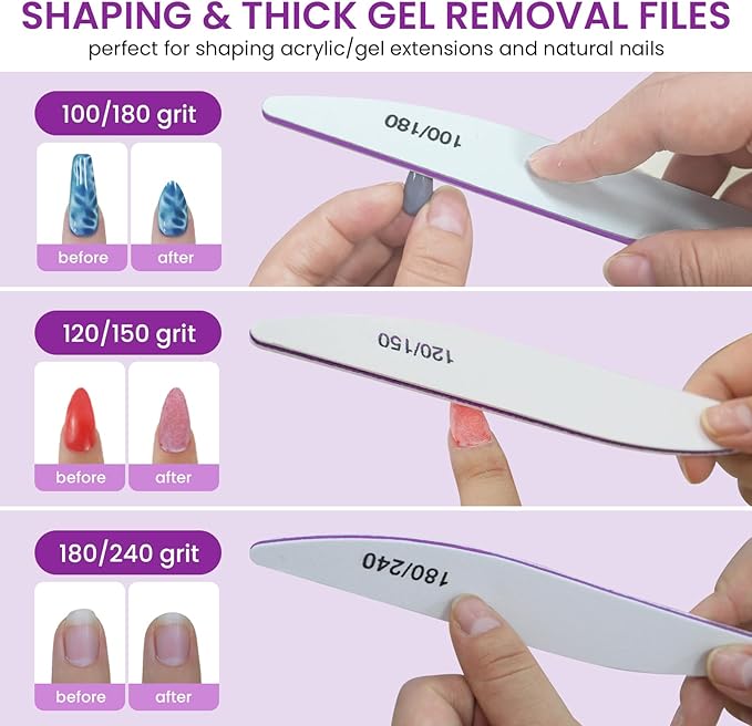 6 PCS Nail File Buffer Set for File/Buffer/Shine, Nail Files Kit for Natural Acrylic Nail, Emery Boards for Thick Nails, 100/120/150/180/220/240/280/1000/4000 Grit for Salon and Home