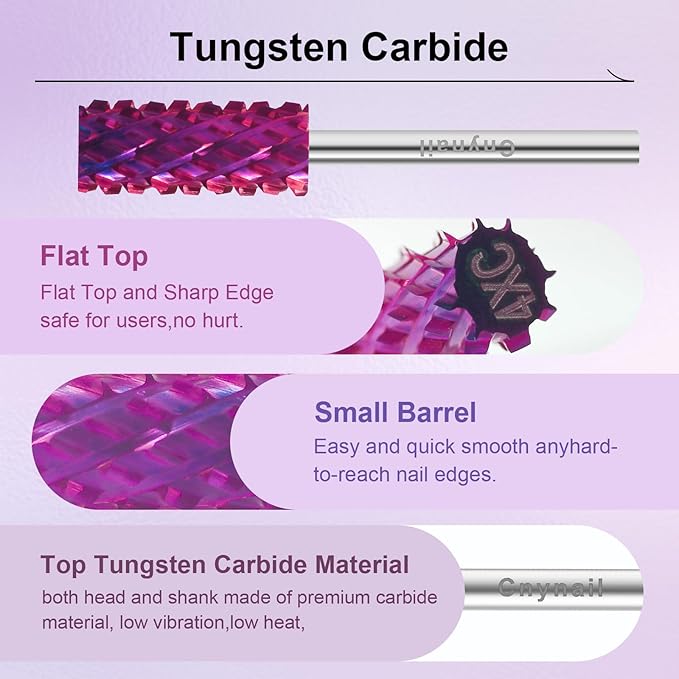 3/32" Small 5.35MM Barrel Bit Tungsten Carbide Nail Drill Bit Safety Bit for Gel & Acrylic Removal, 2- Way Rotating Efile Tip, Salon Electric File Accessory (4XC Girt, Purple)