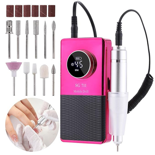Electric 45000RPM Nail Drill Machine Rechargeable Portable Nail File Electric DIY Nail Drill Kit with Smart LCD Screen for Gel Nail Manicure and Pedicure Reflective Body etc (RED)