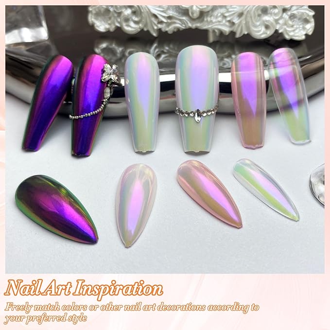 Unicorn Chrome Nail Powder, Aurora Unichrome Mermaid Aurora Pigment Pearlescent Nail Art Glitter Dust Decoration for Home DIY Salon Manicure - Cyber Mirage