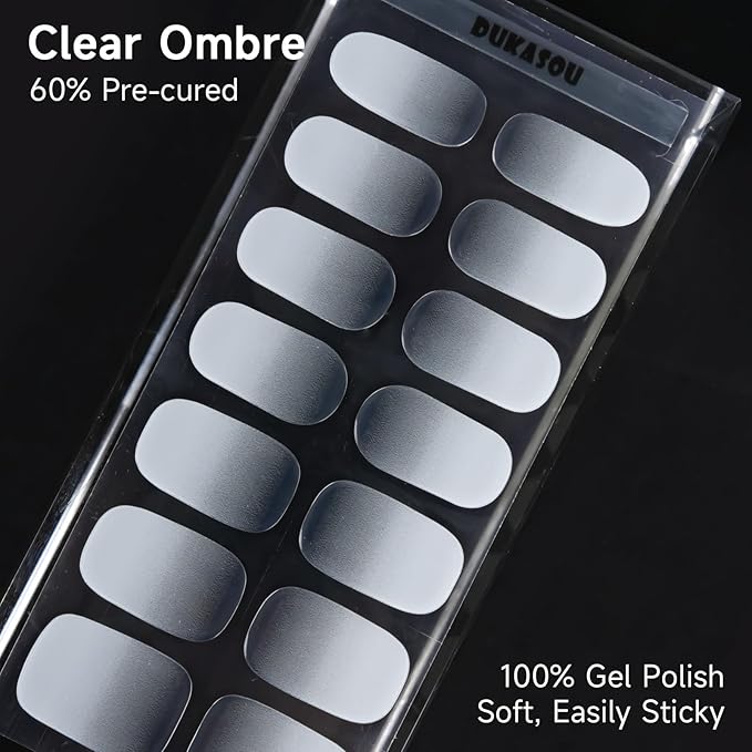 Semi Cured Gel Nail Strips, 28 pcs Gel Nail Stickers Work with Any UV Lamp, Long Lasting Nail Wraps for Women at Home DIY Nail Art (Clear Ombre)